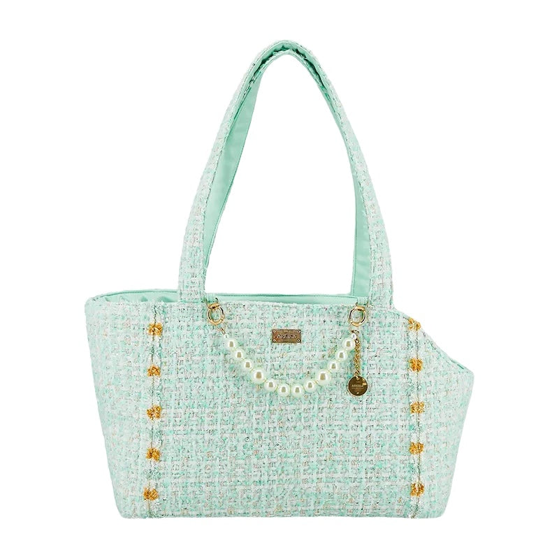 Celadon Green Coquette tweed boucle cat carrier tote with pearl chain