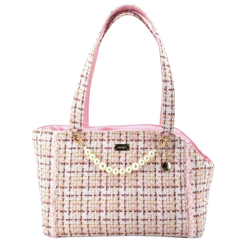 Rose Pink Coquette tweed boucle cat carrier tote with pearl chain