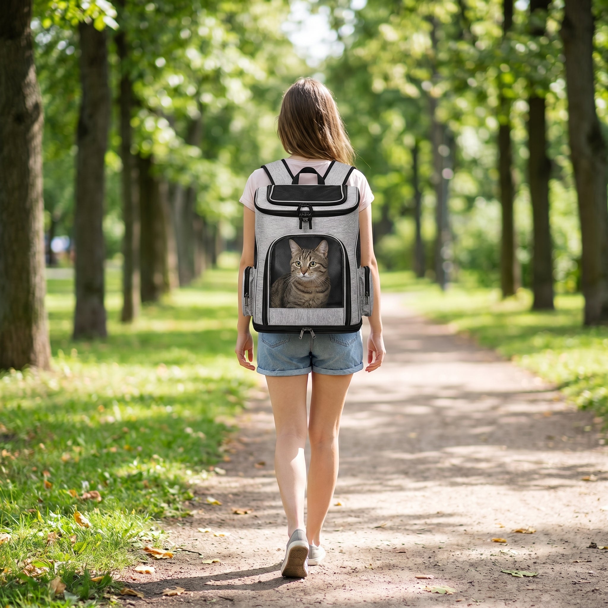 A woman carries her cat in the Voyage Haven expandable cat carrier backpack along a sunny park path