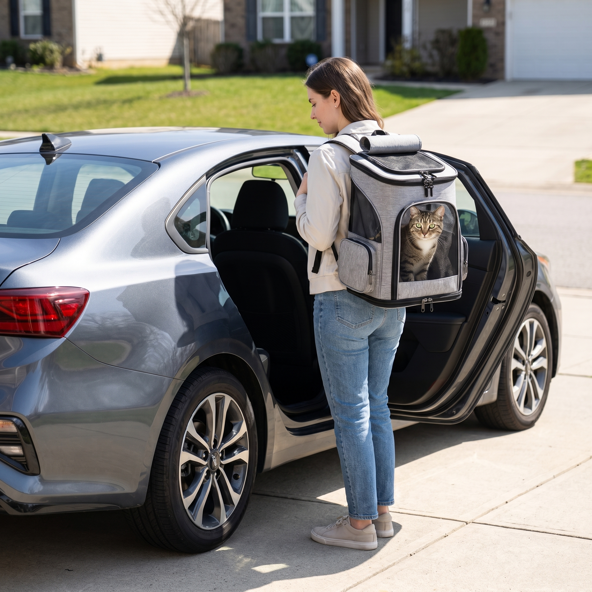 A woman loads the Voyage Haven cat carrier backpack into a car for a road trip