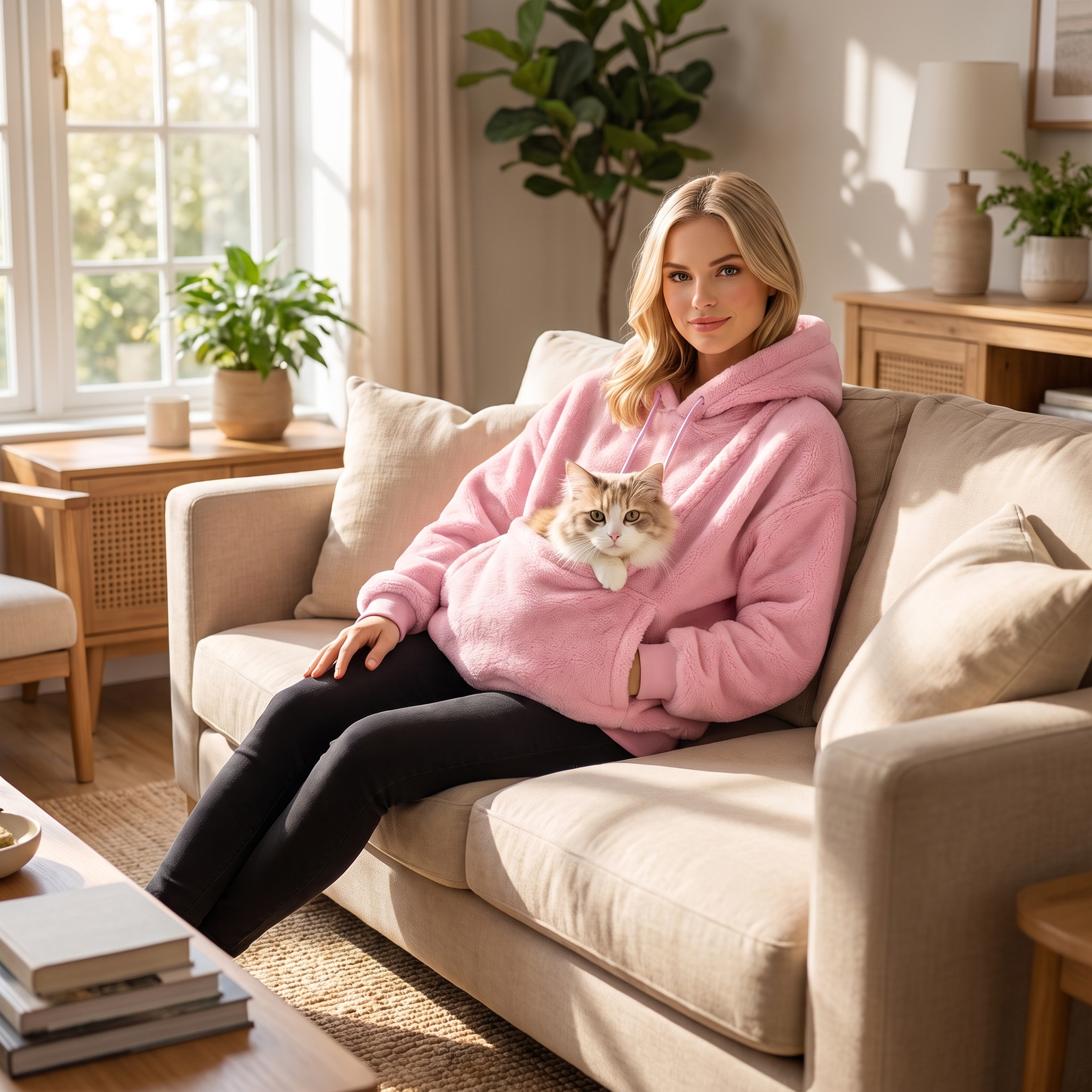 Woman relaxing at home wearing the pink Cuddle Cloud pet carrier hoodie with a cat in the front pouch
