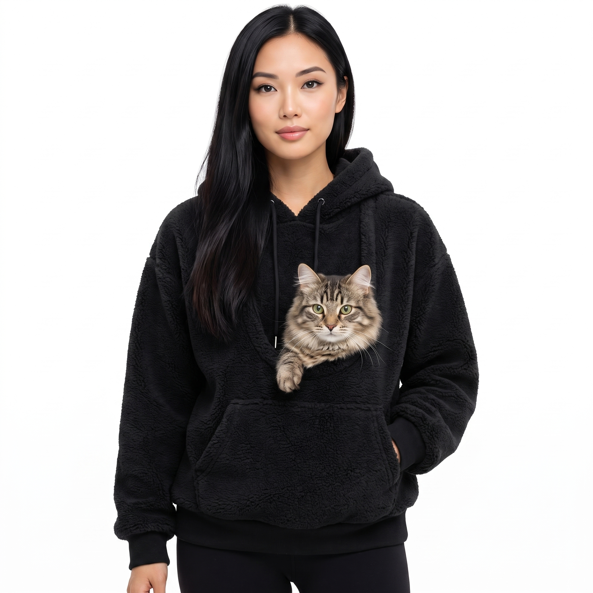 Black Cuddle Cloud pet carrier hoodie with a cat in the pouch on a white background