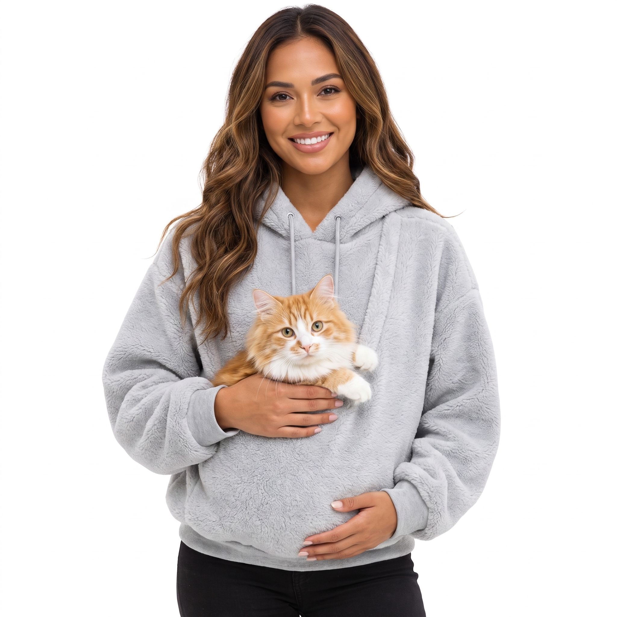 Gray Cuddle Cloud pet carrier hoodie with a cat in the pouch on a white background