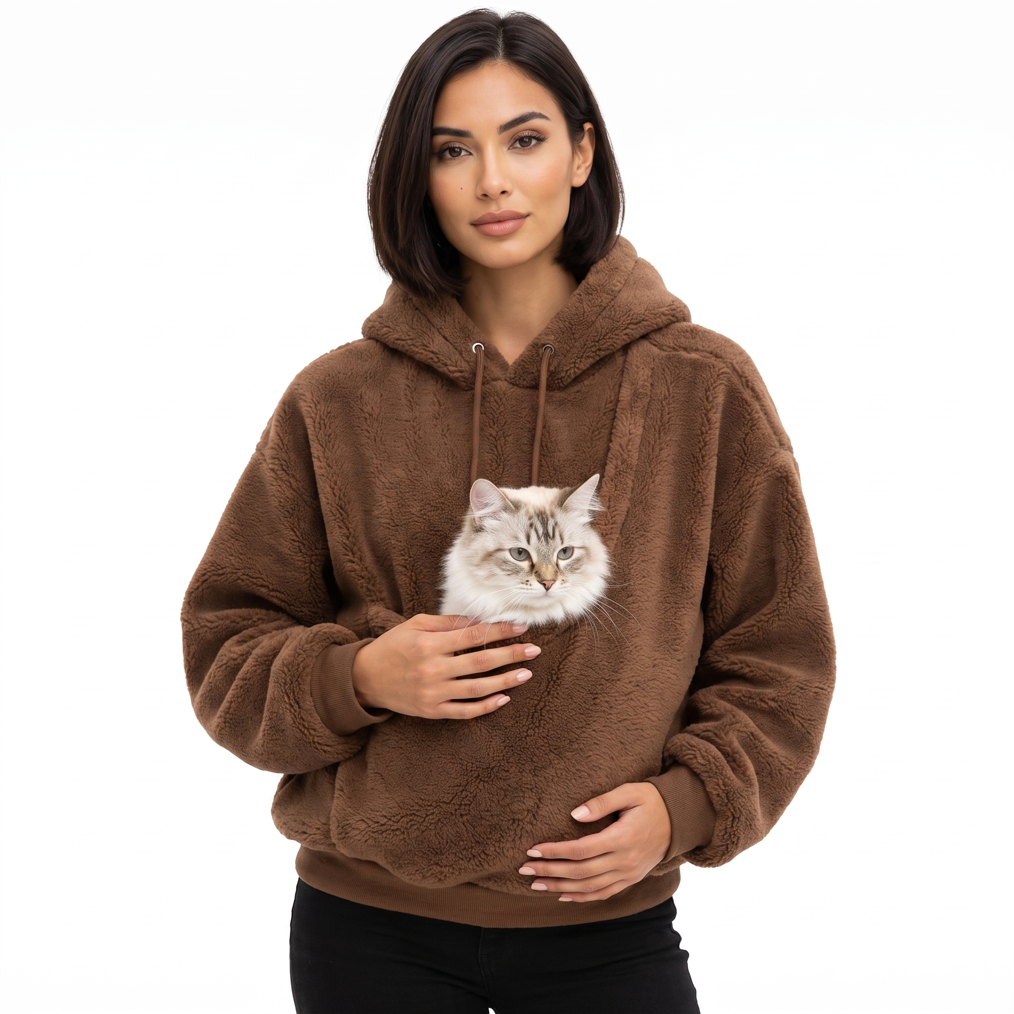 Coffee brown Cuddle Cloud pet carrier hoodie with a cat in the pouch on a white background