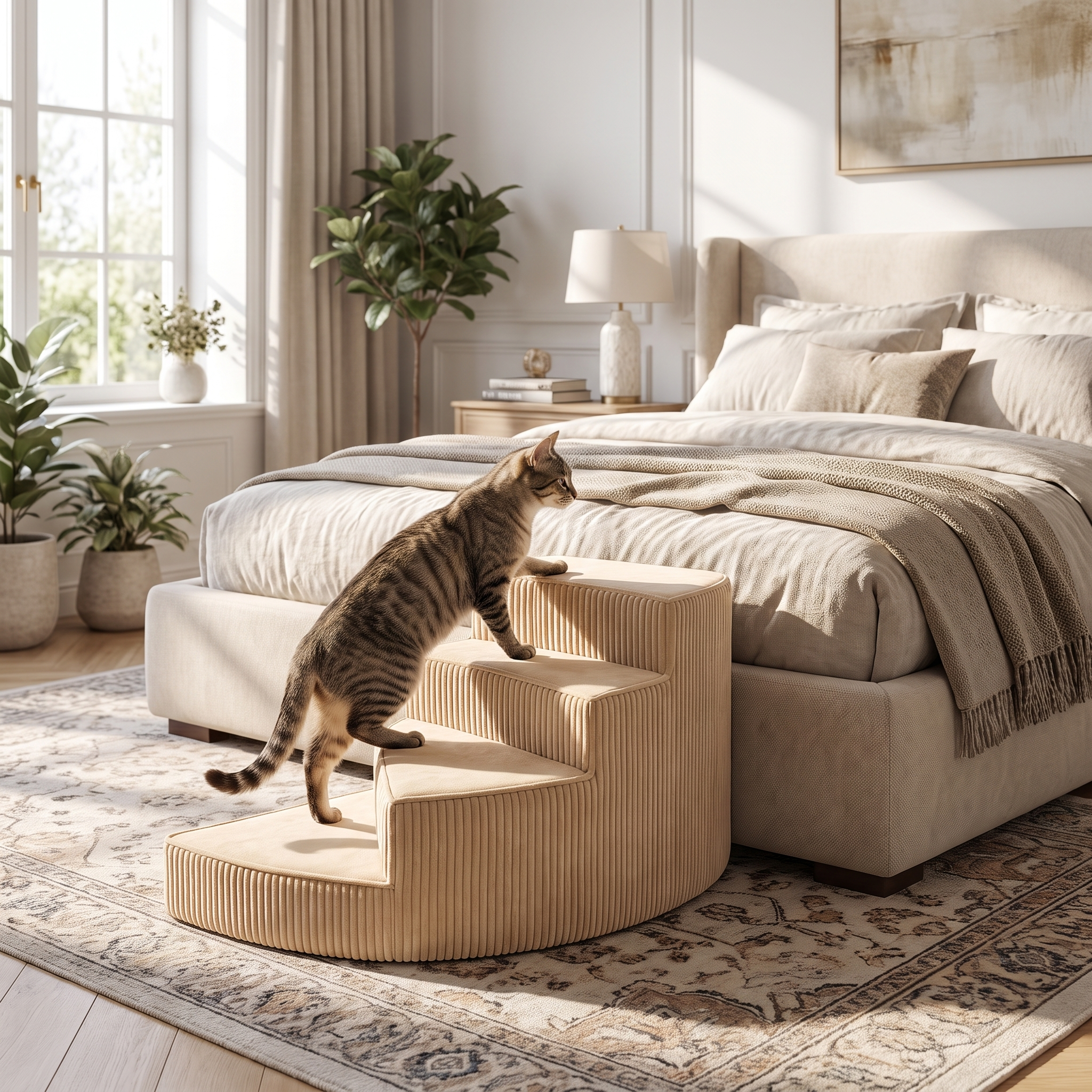 Cat climbing the beige Cloud Climb cat stairs to a luxurious bed
