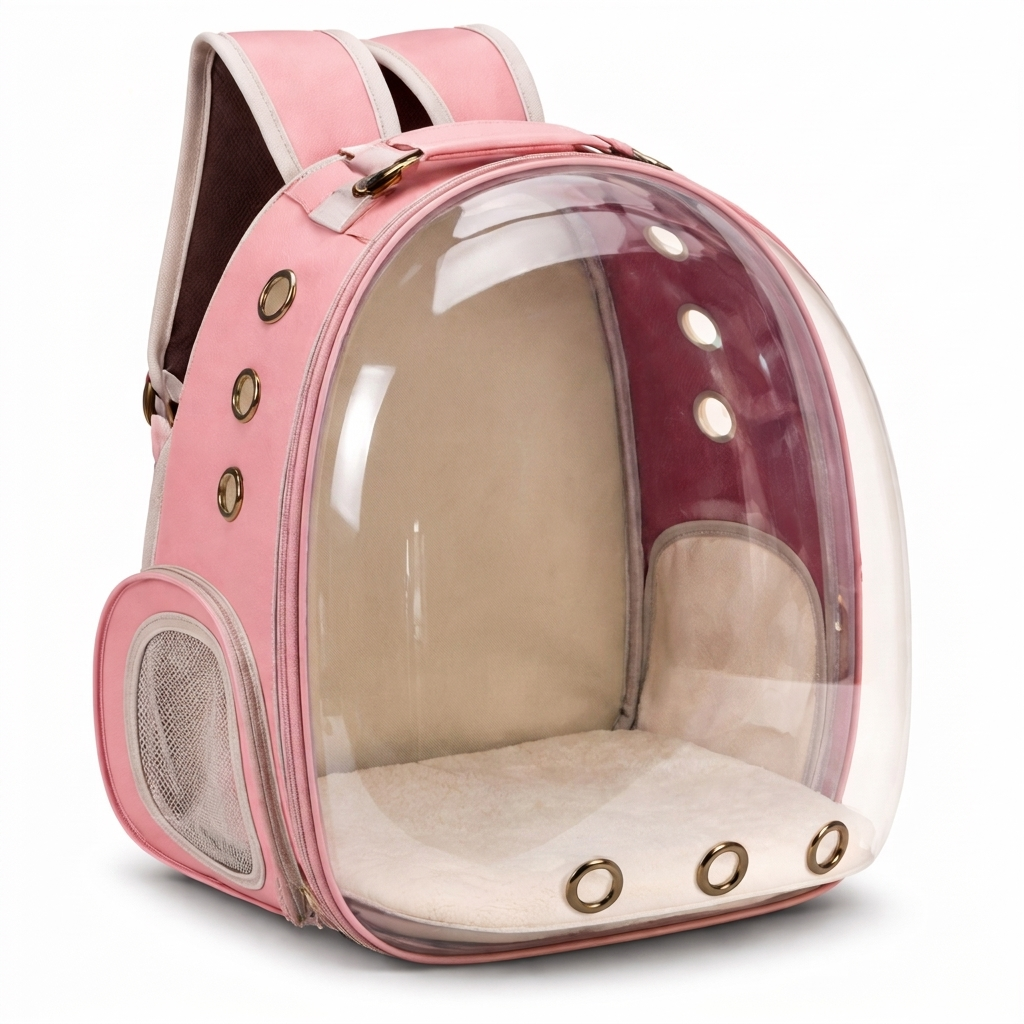 Pink round Bubble Voyage transparent cat carrier backpack on white background