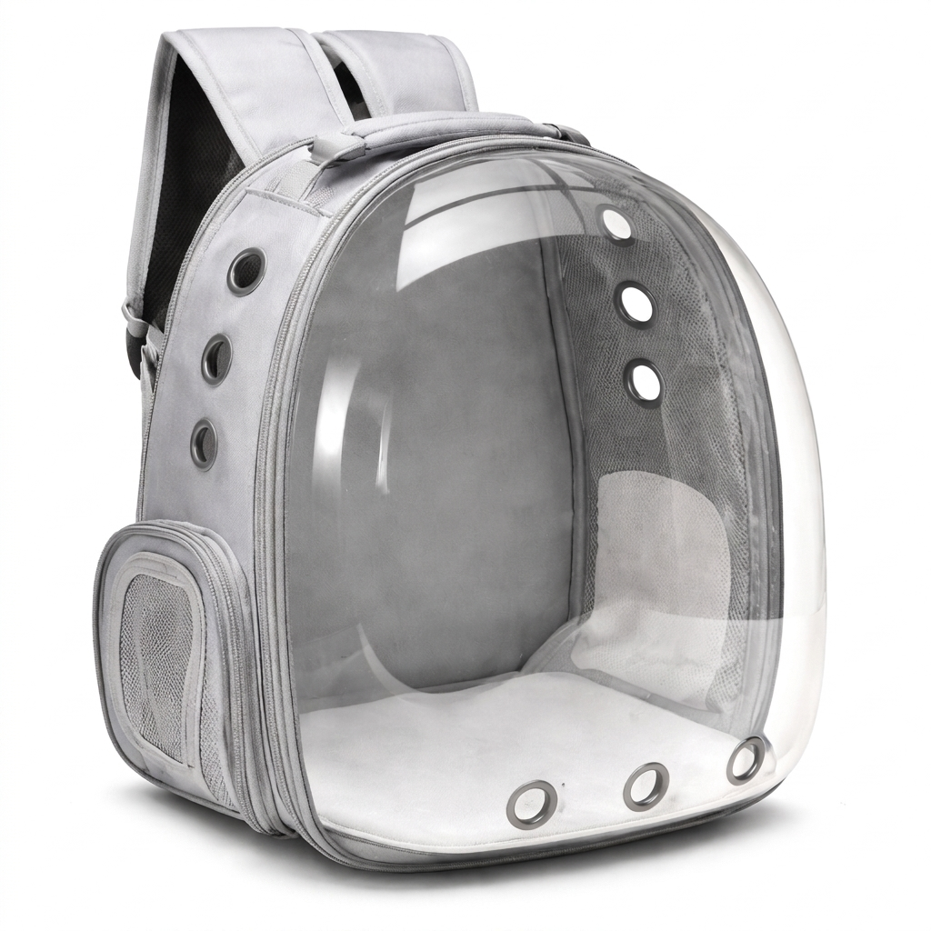 Grey round Bubble Voyage transparent cat carrier backpack on white background