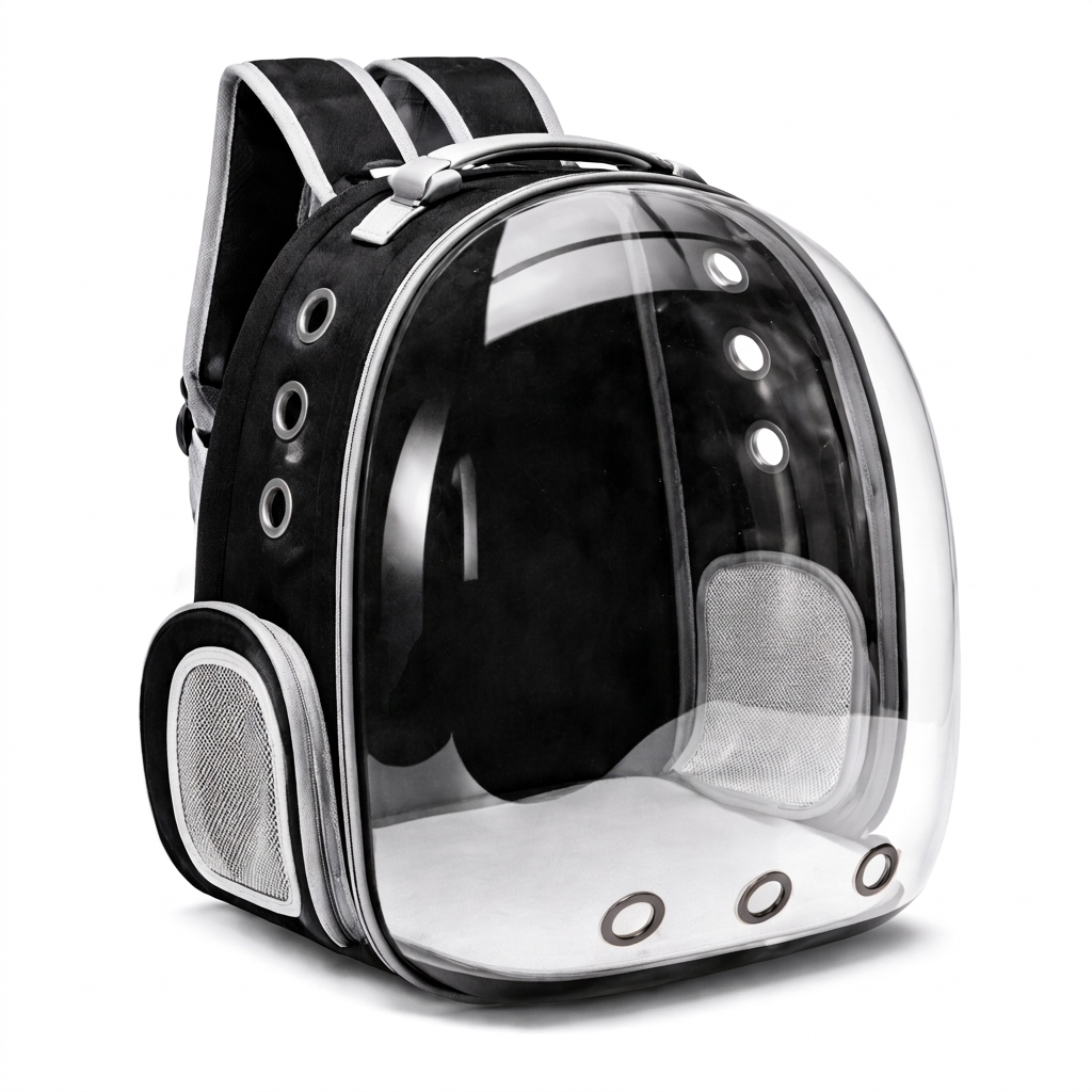 Black round Bubble Voyage transparent cat carrier backpack on white background