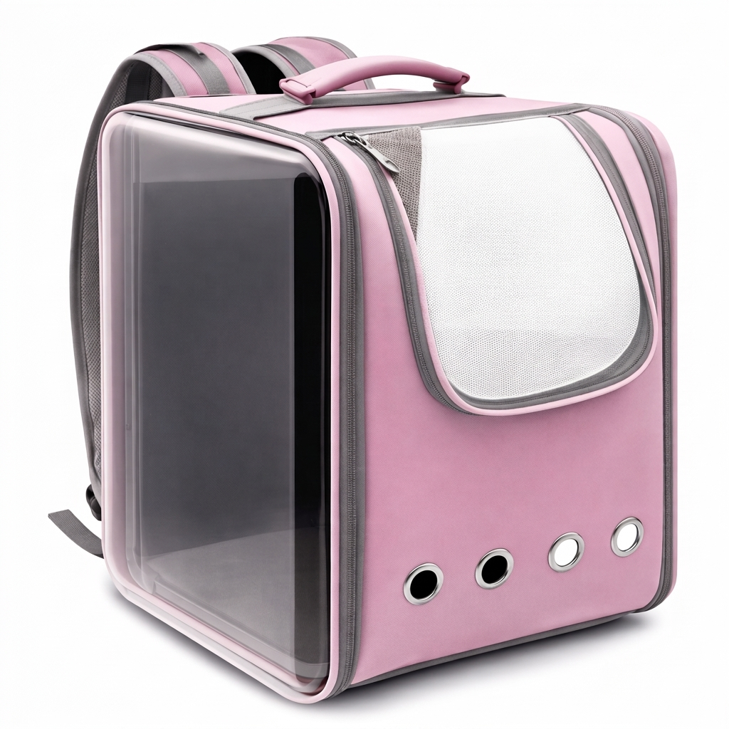 Pink square Bubble Voyage transparent cat carrier backpack on white background