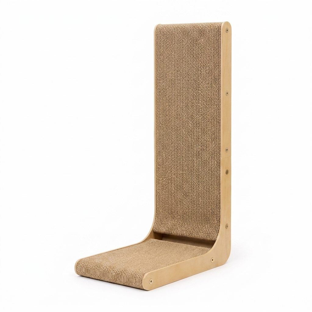 Cozy Crest L-shaped cardboard cat scratcher upright config on white background