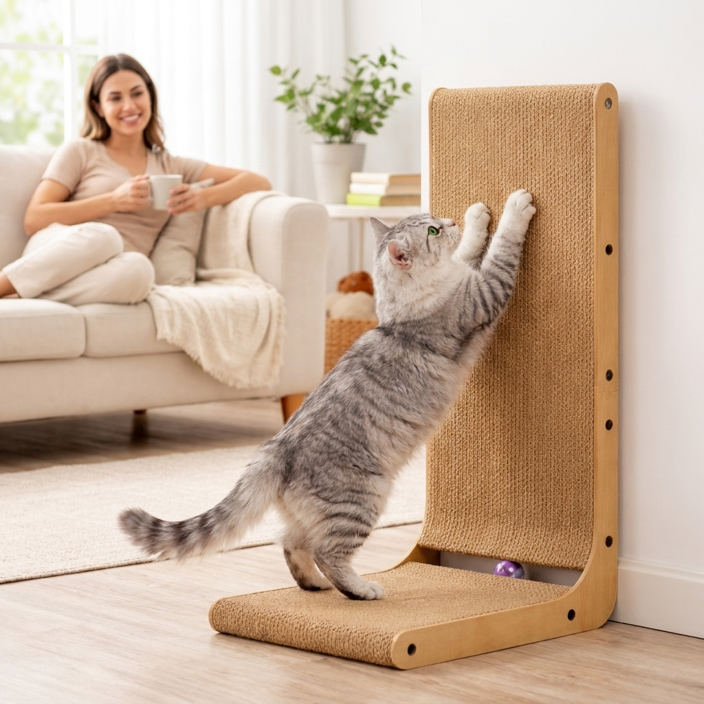 Cat scratching the upright Cozy Crest scratcher in a living room with a woman relaxing