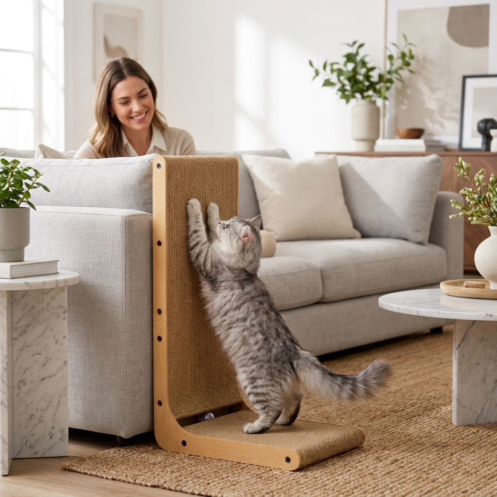 Cat scratching the Cozy Crest scratcher beside a sofa to protect furniture, woman watching
