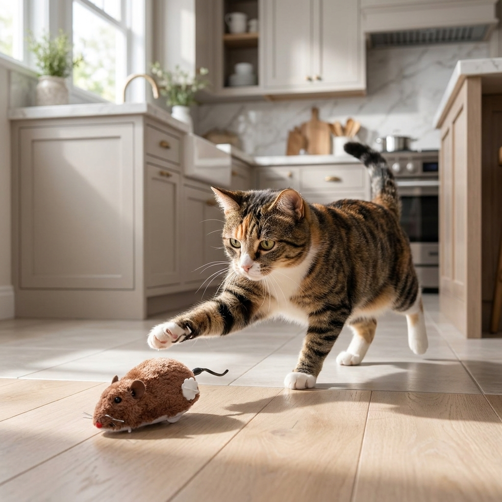 Cat chasing the Scamper wind-up mouse across a kitchen floor