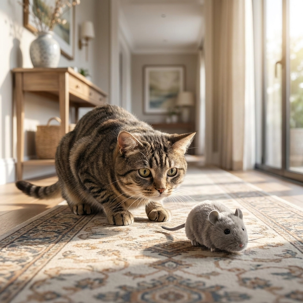 Cat stalking the grey Scamper wind-up mouse in a hallway