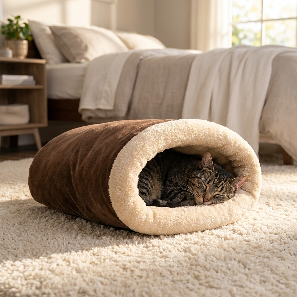 Cat napping in the coffee Hibernest cat bed in a cozy bedroom