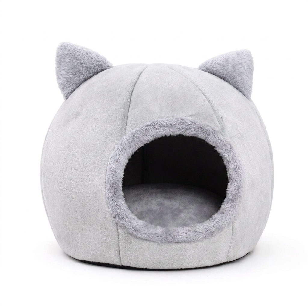 Grey Dream Den dome cave cat bed with cat-ear accents on white background