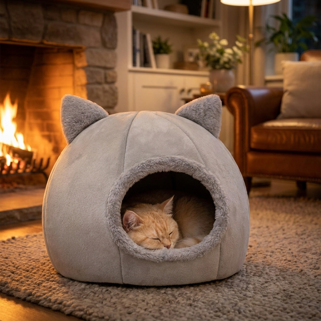 Cat sleeping in the grey Dream Den cave bed beside a fireplace