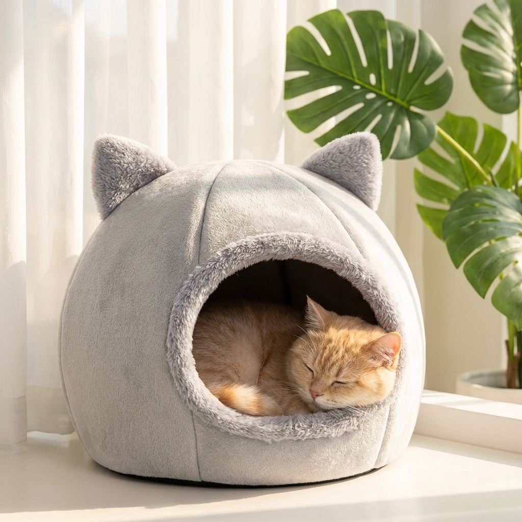 Cat dozing in the grey Dream Den cave bed in a sunny window corner