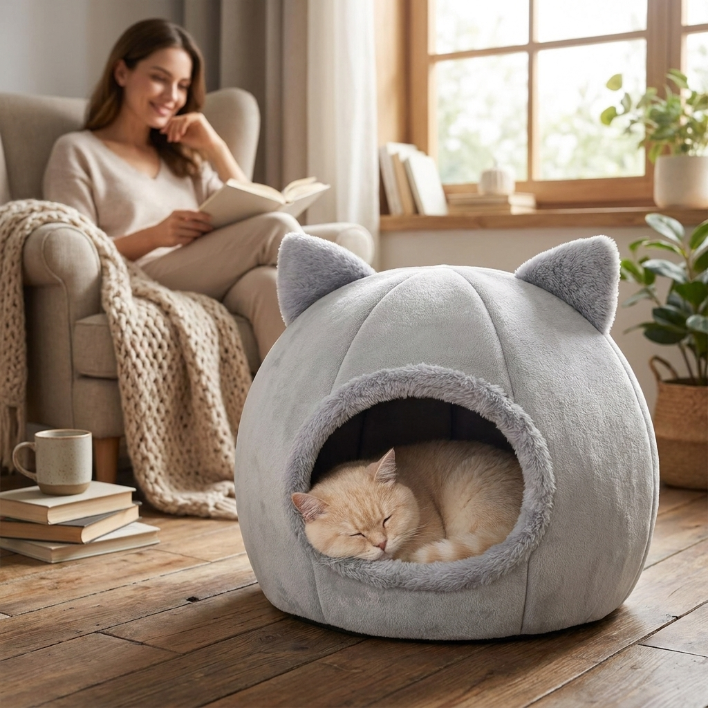 Cat asleep in the grey Dream Den cave bed in a reading nook with a woman