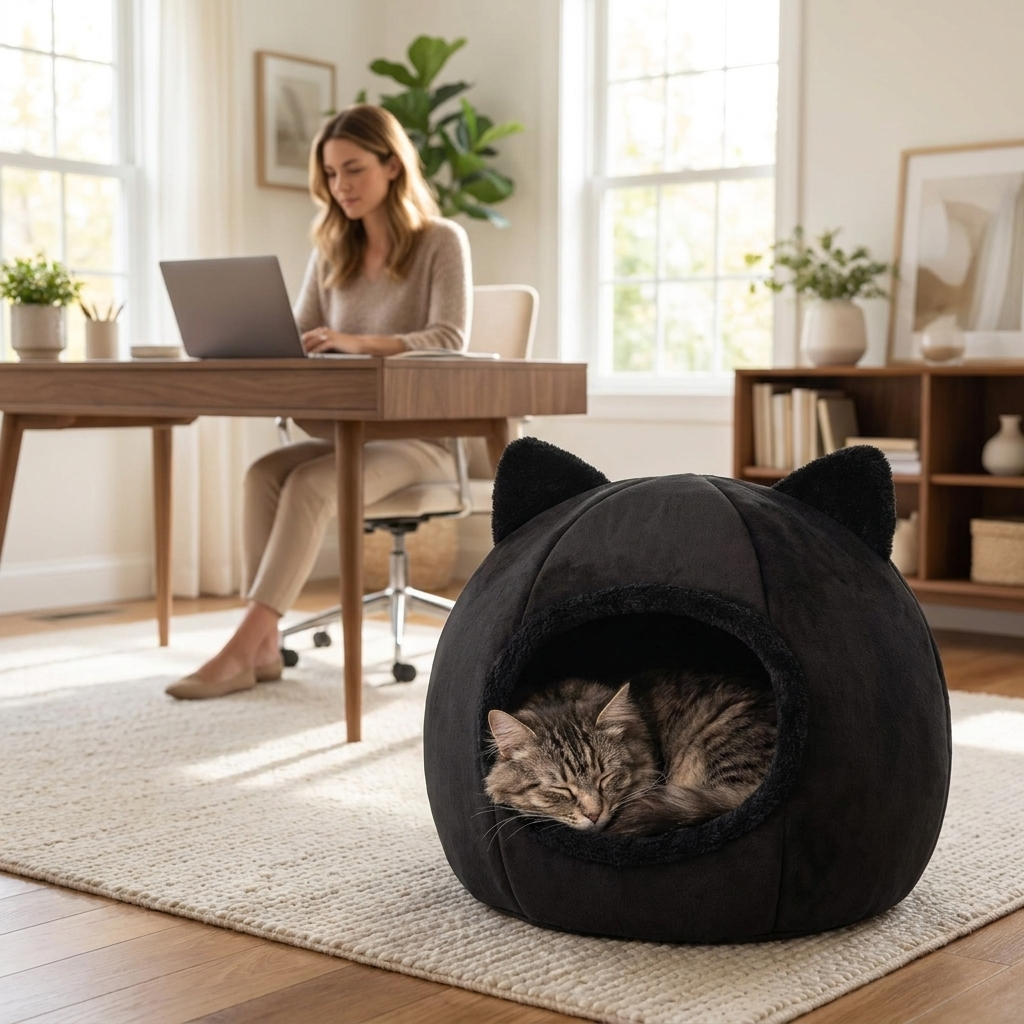 Cat asleep in the black Dream Den cave bed beside a woman in a home office