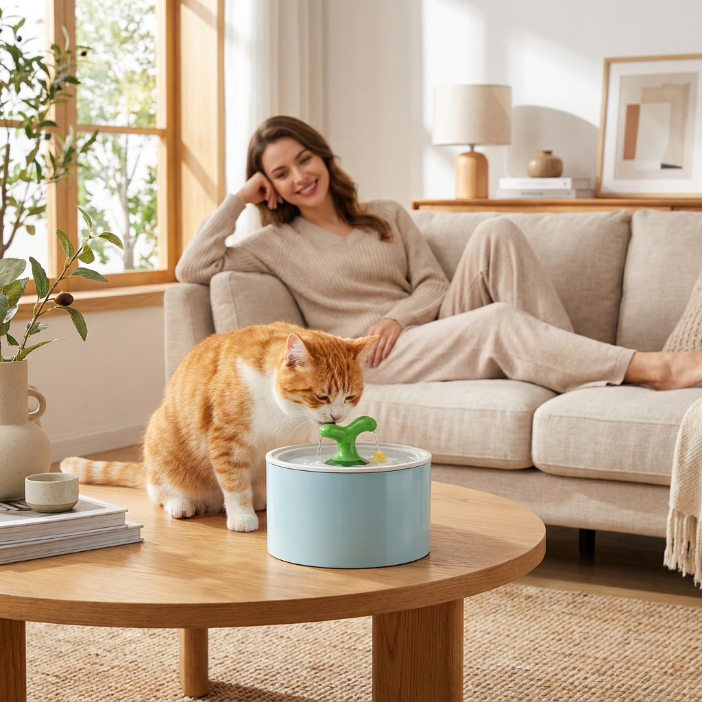 Cat drinking from the blue Springwell fountain in a living room with a woman