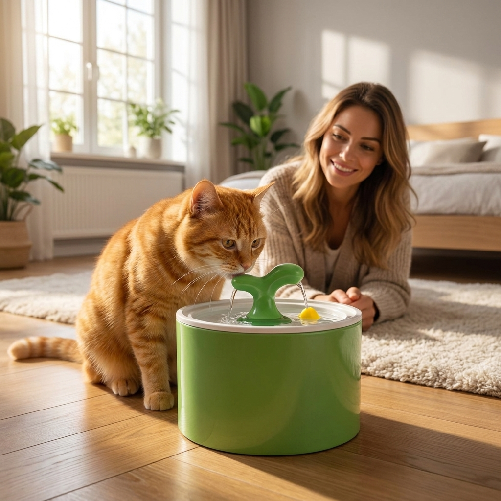 Cat drinking from the green Springwell fountain in a bedroom with a woman