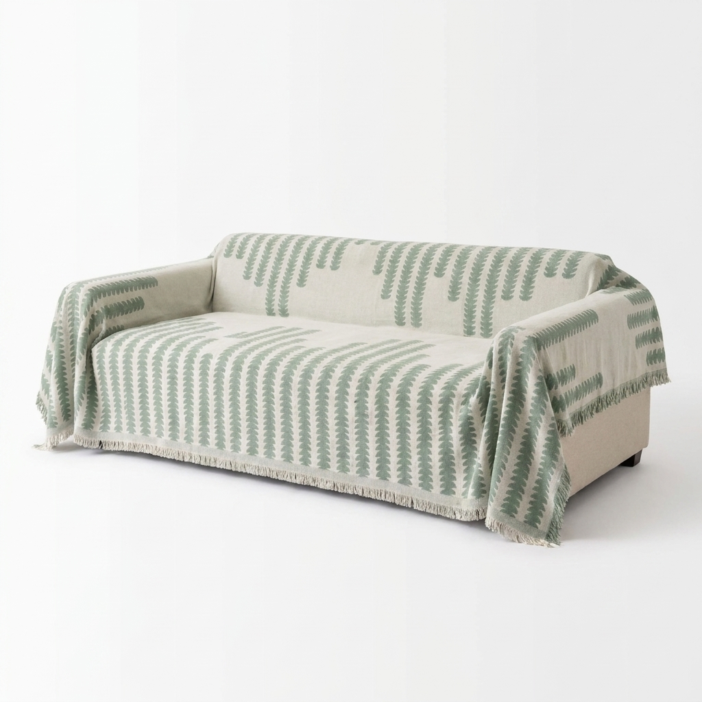 Green Cloudweave chenille sofa cover throw on a sofa, white background