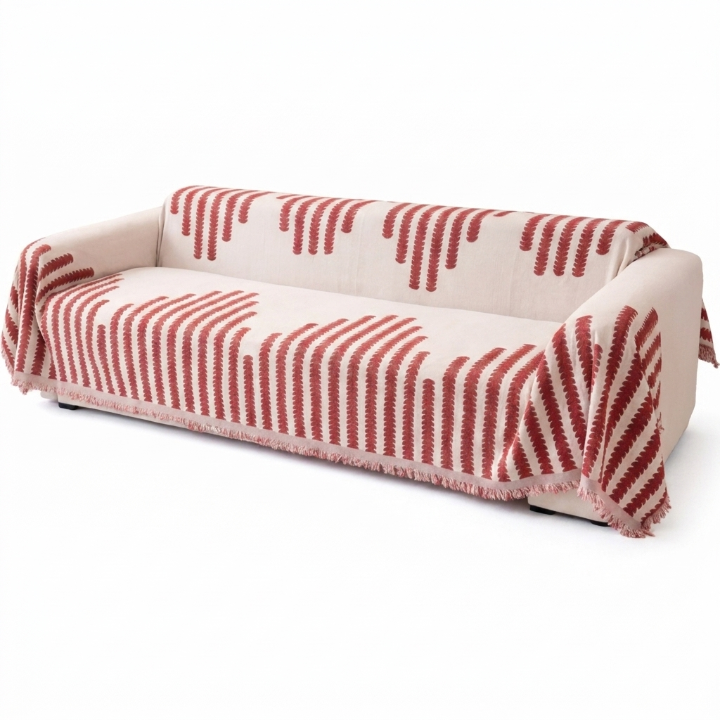 Red Cloudweave chenille sofa cover throw on a sofa, white background