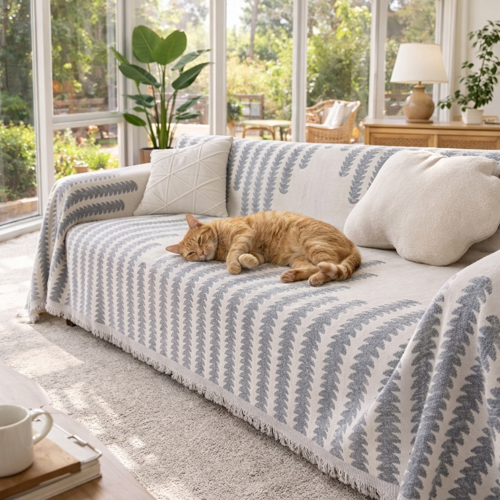 Cat lounging on a sofa with the grey Cloudweave throw in a sunroom