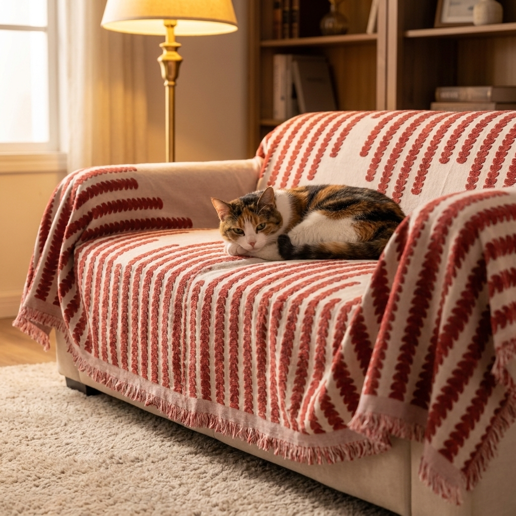 Cat lounging on a sofa with the red Cloudweave throw in a cozy den