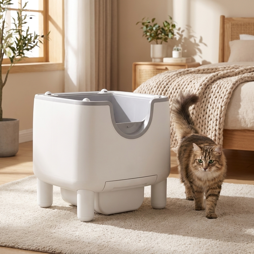 Purenest litter box in a cozy bedroom corner with a cat