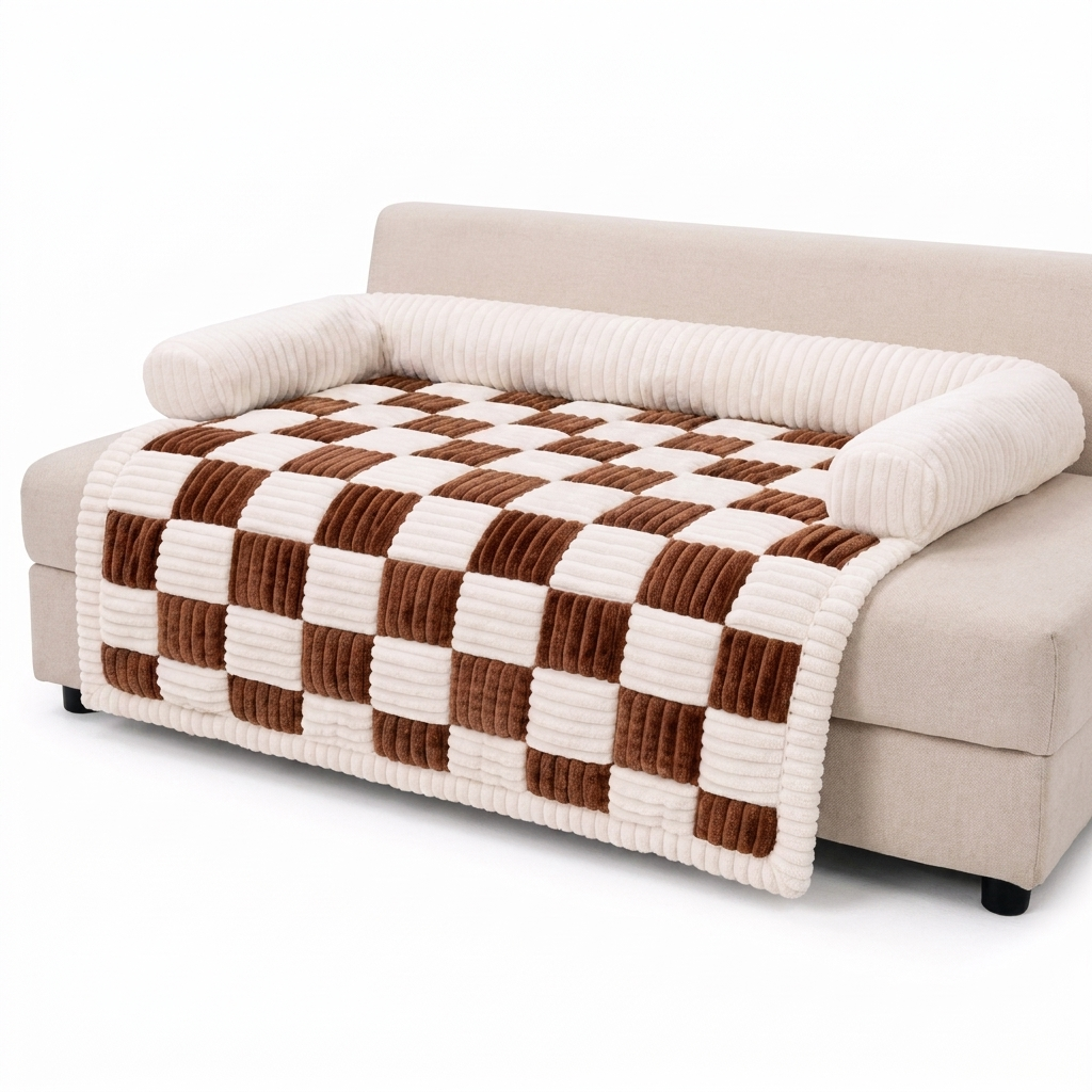 Brown checkerboard Cozynook cat couch protector mat with bolster