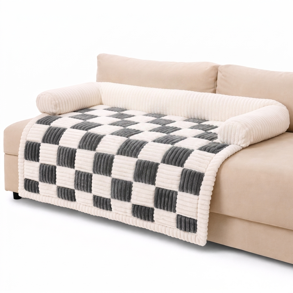 Grey checkerboard Cozynook cat couch protector mat with bolster