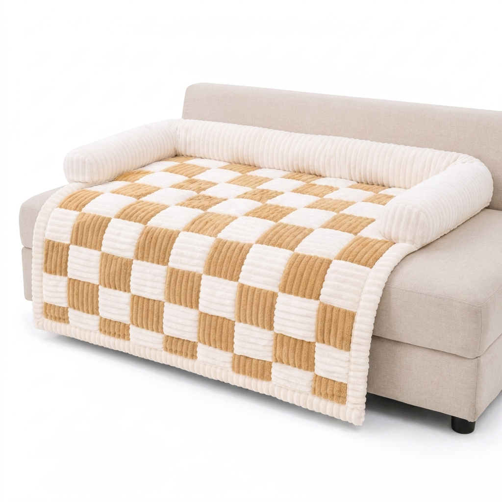 Coffee checkerboard Cozynook cat couch protector mat with bolster
