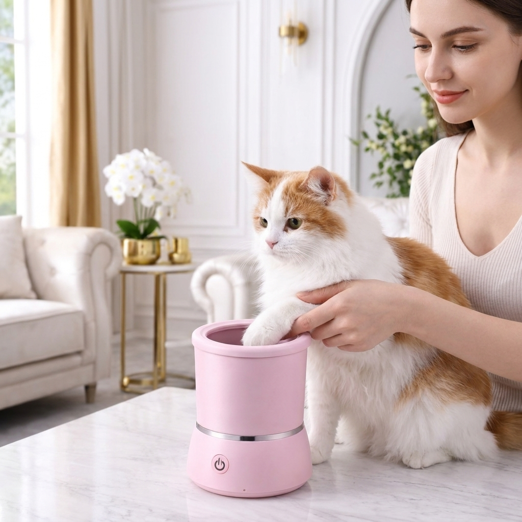 Woman cleaning her cat's paw in the pink Pawspa in a living room