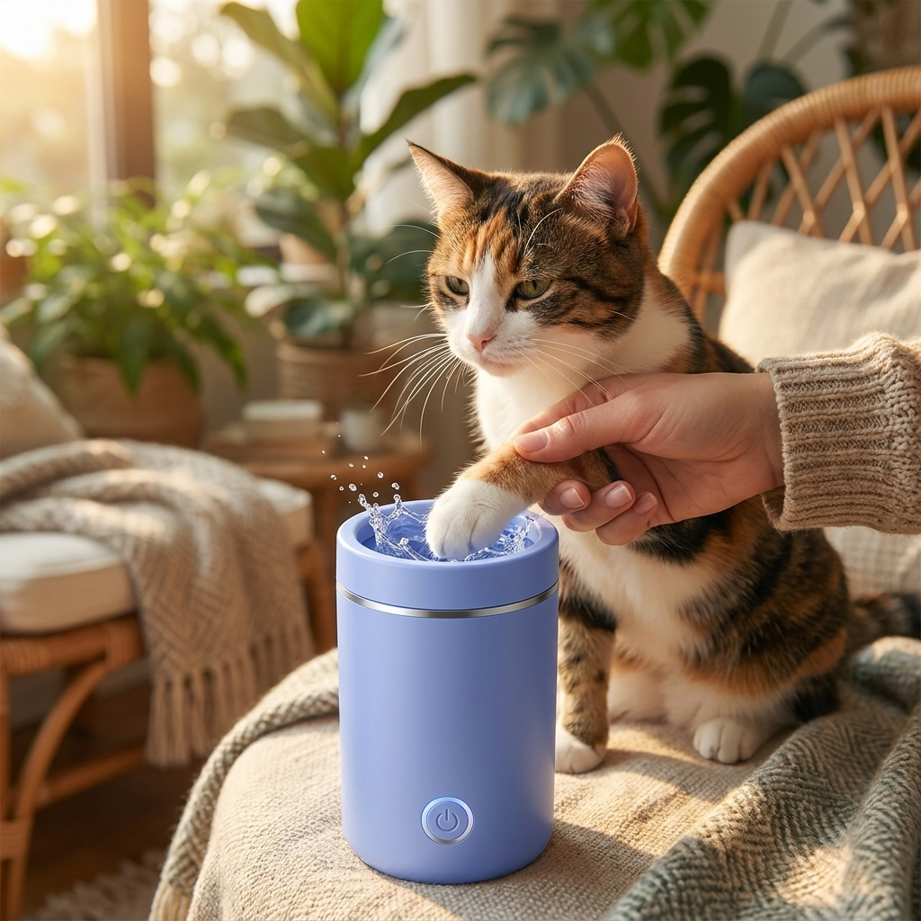 Cat having a paw cleaned in the blue Pawspa in a sunroom