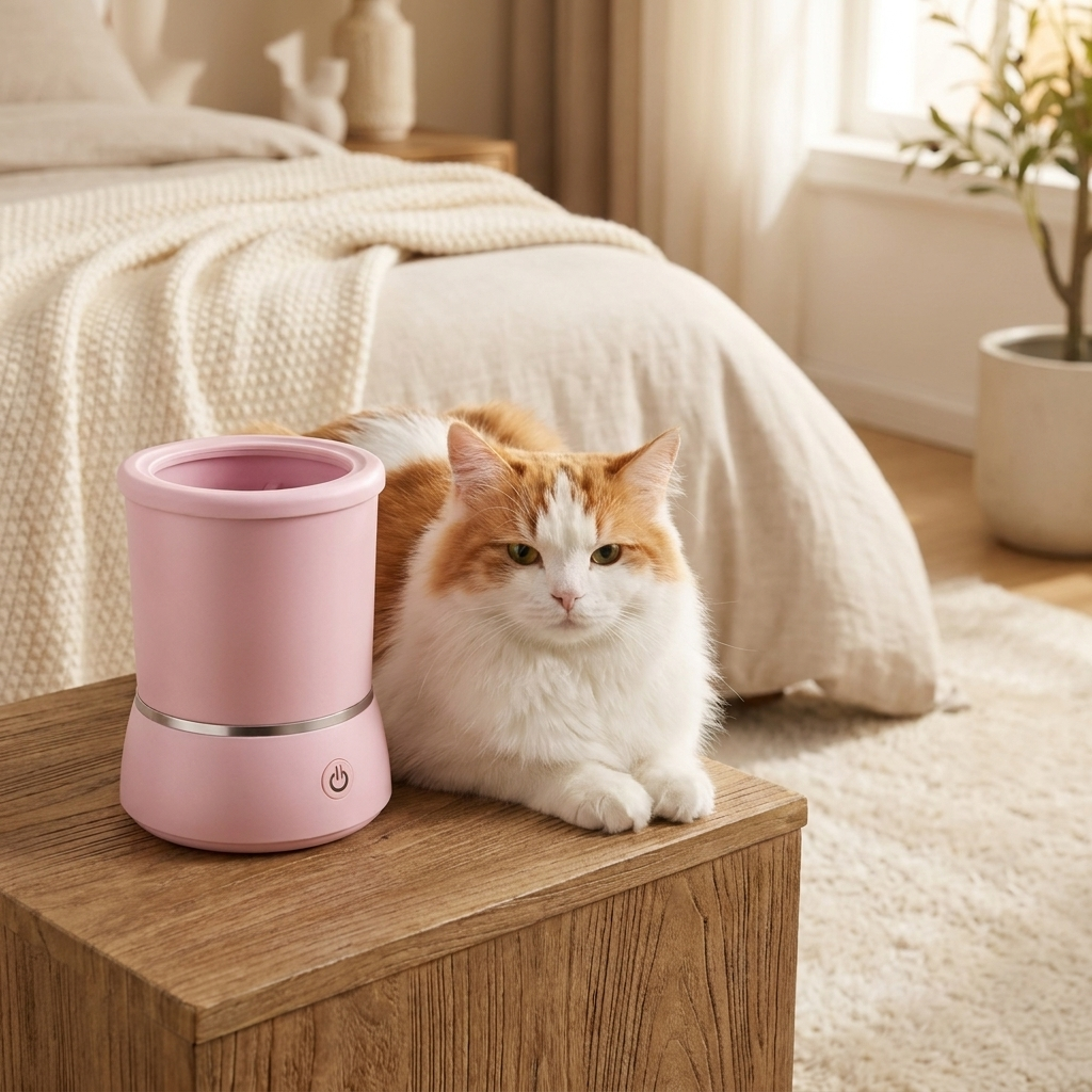 Cat sitting next to the pink Pawspa in a cozy bedroom
