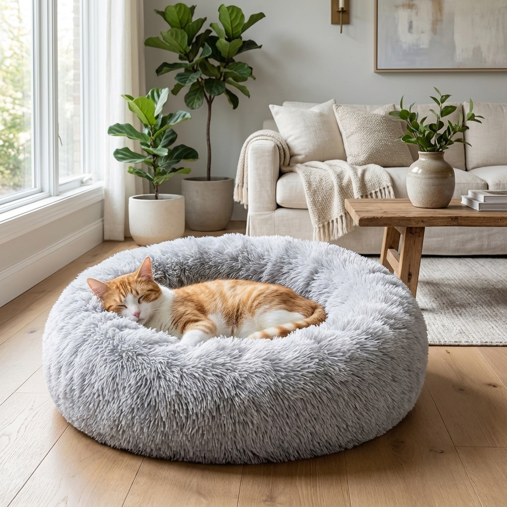 Cat curled asleep in the grey Serene Halo bed in a living room