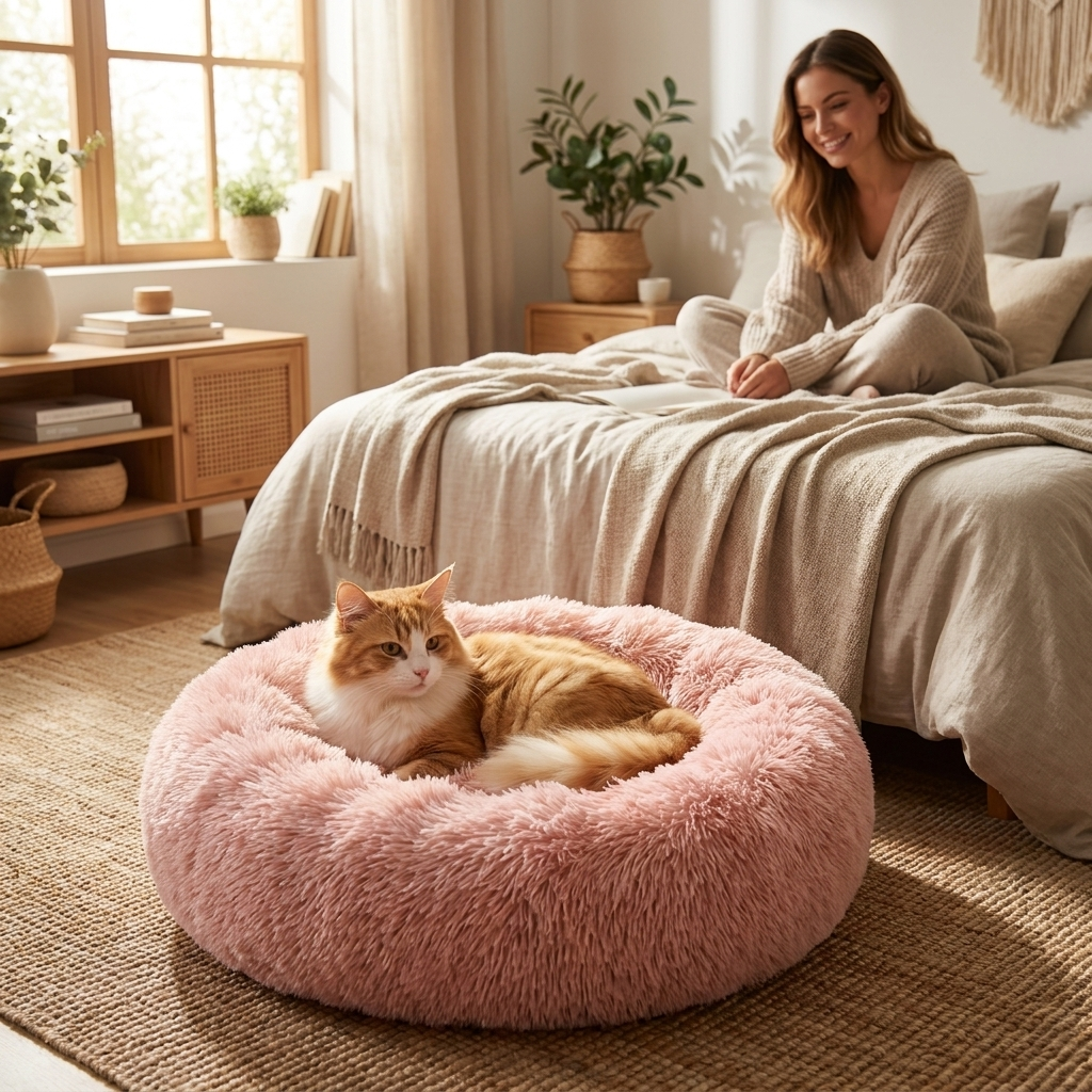 Cat in the rose Serene Halo bed in a bedroom with a woman