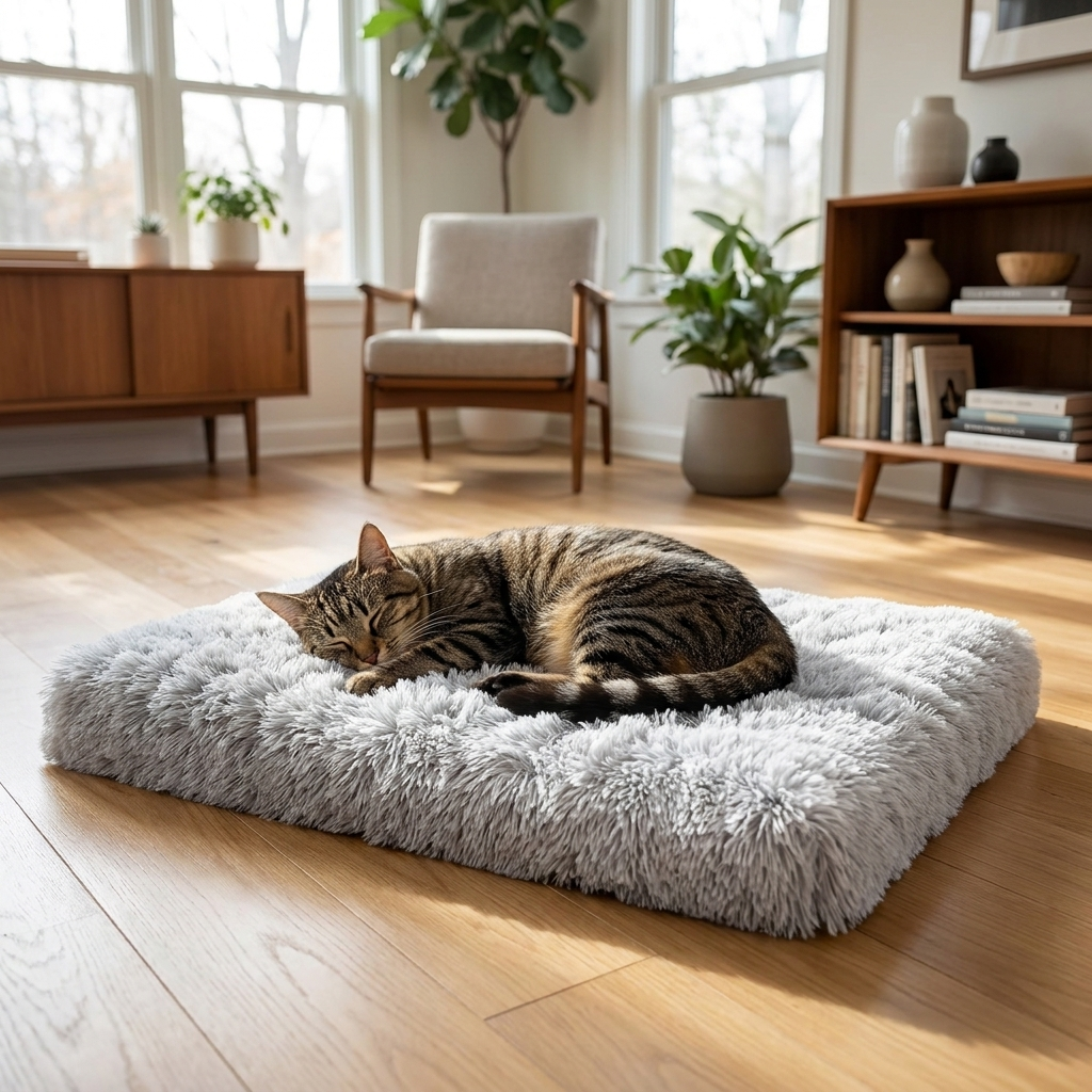 Cat curled asleep on the gray white Cloudrest mat in a living room