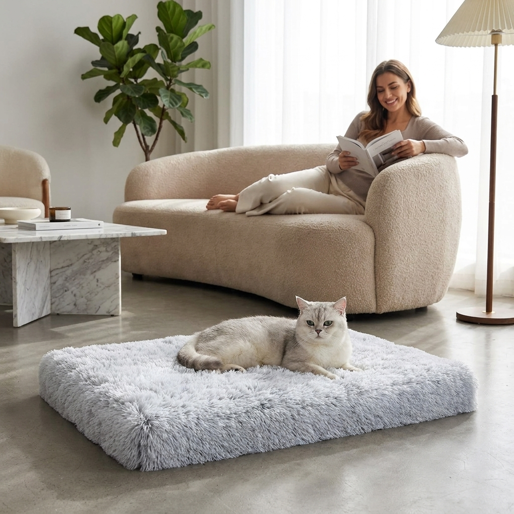 Cat lounging on the gray white Cloudrest mat with a woman nearby