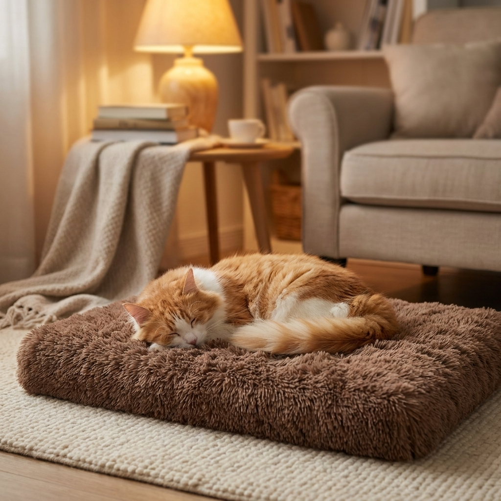 Cat asleep on the brown Cloudrest mat in a reading nook