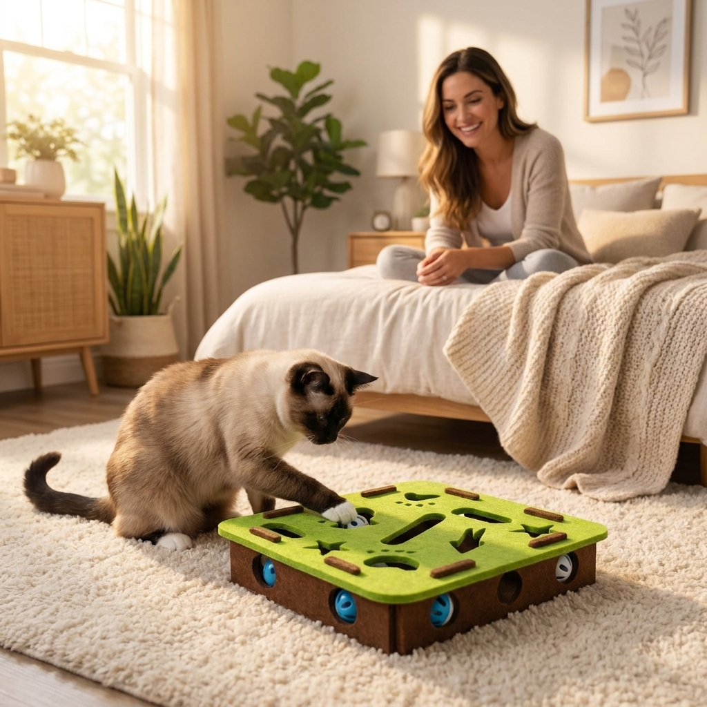 Cat playing with the green square Curio puzzle toy, woman nearby