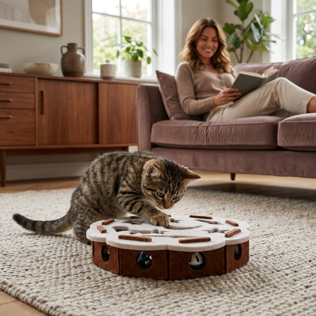 Cat playing with the white round Curio puzzle toy, woman nearby