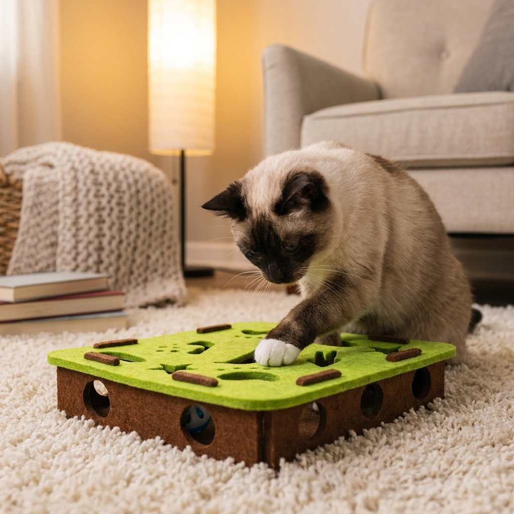 Cat pawing into the green square Curio puzzle toy in a reading nook