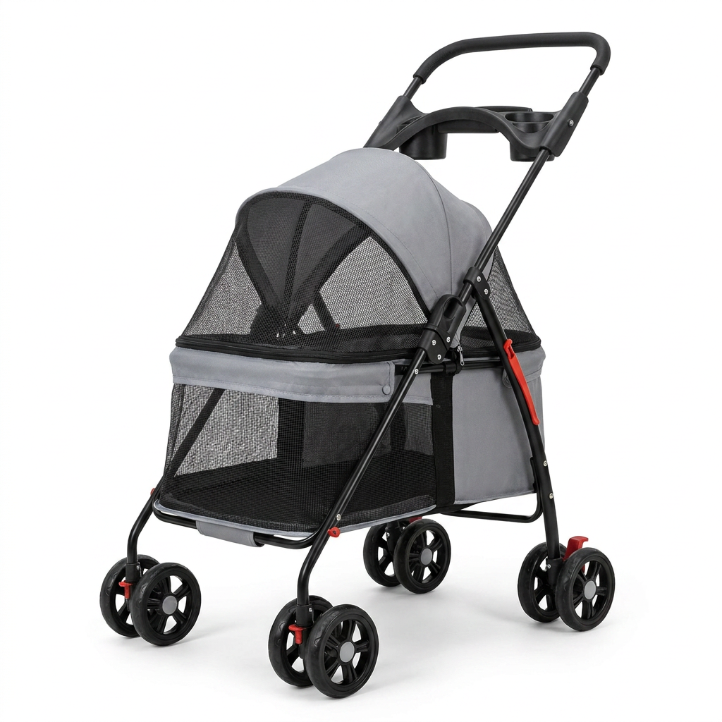 Gray Promenade foldable cat stroller on white background