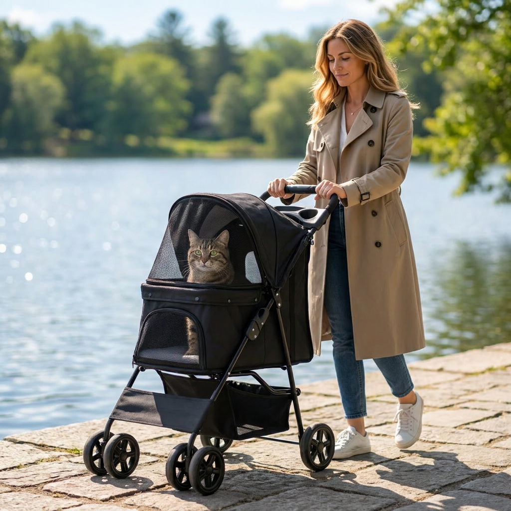 Woman strolling a cat in the black Promenade stroller by a lake