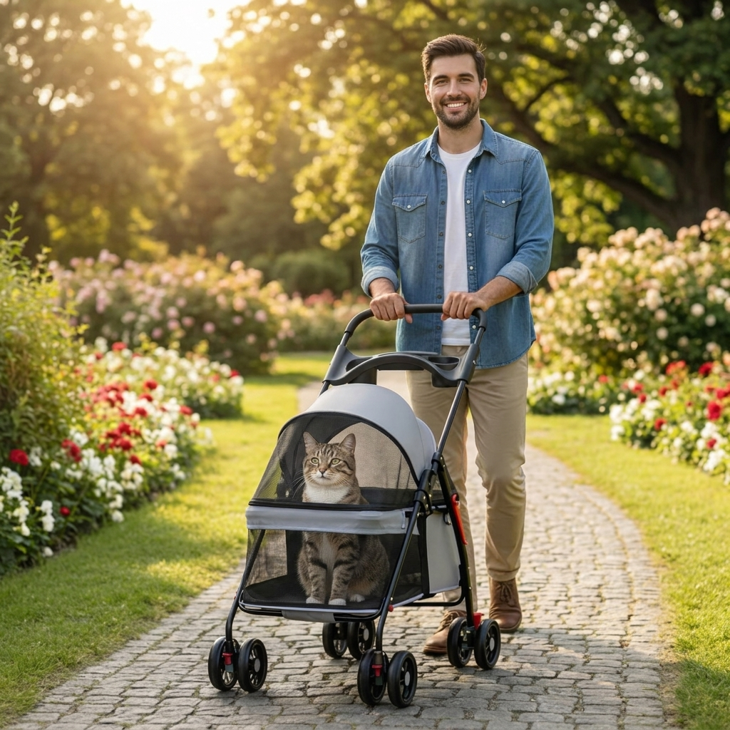 Man walking a cat in the gray Promenade stroller in a park