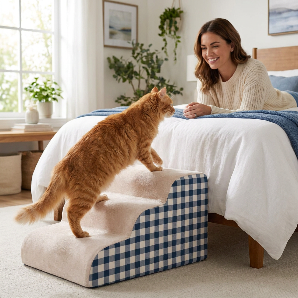 Cat climbing Tiptoe stairs to bed