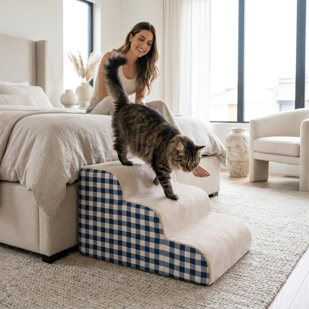 Cat descending Tiptoe stairs from bed